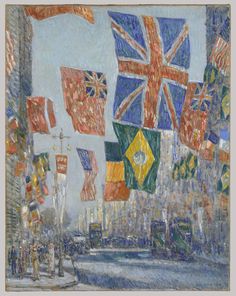 a painting of many flags flying in the air on a city street with buildings and people