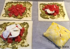 four square white plates with different types of food on top of each one, including cheese and tomatoes