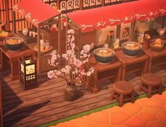 an animated image of a chinese restaurant with flowers in the foreground and food on the counter