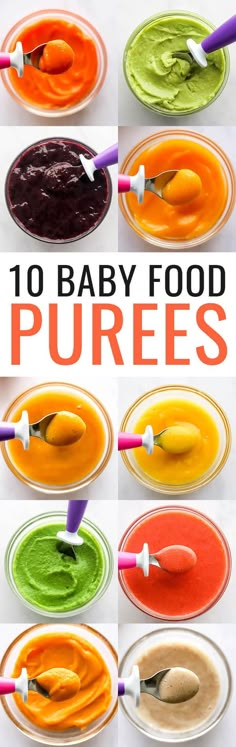 an image of baby food purees in bowls with spoons on them and the title overlay reads, 10 baby food purees