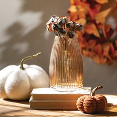 two white pumpkins sitting next to a glass vase