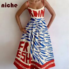 2024 Ladies Sleeveless Dress Chic Contrasting Color Fish Letter Graphic Printing High Quality Bamboo Print Patterns Fashion Design, Fish Print Dress, Red Dress Outfit Ideas, Fun Dresses, Fish Dress, Fish Motif, Strappy Dress, Navy Midi Dress, Suspender Dress