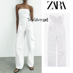 Blogger's Fave! Zara Strapless Cargo Jumpsuit White New With Tag Strapless Long Jumpsuit With Straight Neckline. Side Pockets And Patch Pocket At Leg. Side Hidden In-Seam Zip Closure. Respectful Offers Only! Zara White Overall Jumpsuits And Rompers, Zara Strapless Jumpsuits And Rompers For Summer, White Zara Jumpsuits And Rompers For Summer, Fitted White Zara Jumpsuit And Romper, White High-waisted Strapless Jumpsuit For Spring, White High Waist Strapless Jumpsuit For Spring, Fitted Strapless Jumpsuits And Rompers With Pockets, Zara Fitted Strapless Jumpsuit For Spring, Chic Fitted White Overalls