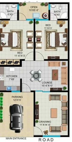 two bedroom apartment floor plan with 2 car garage and living room, dining area and kitchen