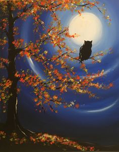 a painting of an owl sitting on a tree branch in front of a full moon