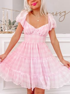 Pink Gingham Princess Dress | Sassy Shortcake Princess Dress Pink, Sassy Shortcake, Pink Plaid Dress, Pink Gingham Dress, Pink And White Dress, Short Puff Sleeve, Pink Gingham, Feminine Dress, Gingham Dress