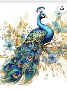 a painting of a peacock with blue flowers and leaves on it's back side