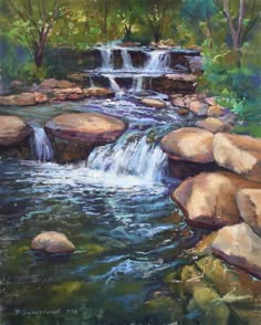 a painting of a small waterfall in the middle of a forest with rocks and trees