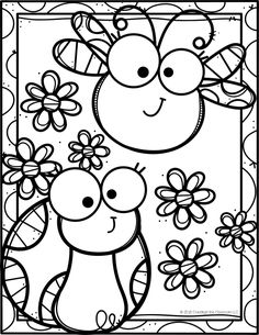 a coloring book page with two cartoon animals and flowers in the frame, one is smiling