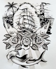 a drawing of a ship in the ocean with roses and dolphins on it's side