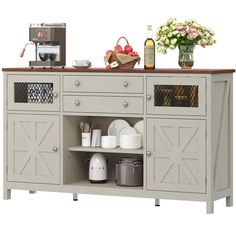 an image of a kitchen island with food and drinks on it's counter top