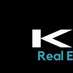 the real estate logo is shown in white and blue on a black background with an arrow pointing