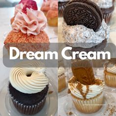 four different types of cupcakes with the words dream cream on them