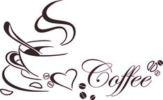 the word coffee written in cursive writing on a white background with hearts and leaves