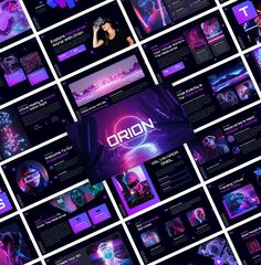 a large group of purple and black presentation slideshows with the words origin on them