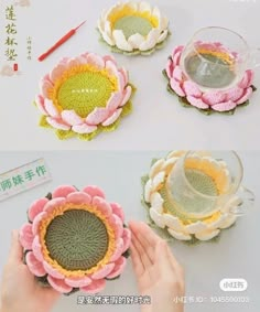 crocheted flowers are being used to make coasters for tea cups and saucers