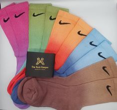 Tie-Dye style Nike socks All socks are new and 100% authentic white Nike Socks, which are hand dyed to  a particular design or custom option. Sizes  2.5 to 5,  5 to 8.5, 8.5 to 10.5  And... Size 11+   Custom socks available to order in 5 colour styles. Please allow up to 7 DAYS from date of purchase as custom orders are made on demand.   Please note: 1. Price listed is per 1 pair of socks. 2. There may be slight colour variation due to different screen variations. 3. Due to the hand dyed nature Print Nike Socks, Tye Dye Nike Socks, Dyed Socks Nike, Nike Non-slip Sports Socks, White Nike Socks, Pink Dragon Fruit, Tie Dye Socks, Multicolor Non-slip Comfortable Socks, Nike Socks