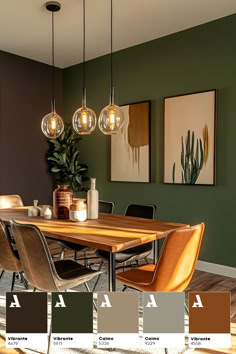 a dining room with green walls and brown chairs