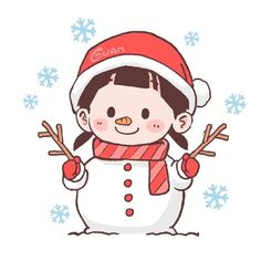 a girl in a santa hat and scarf making a snowman with her hands up