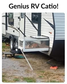 RV Catio Camper With Cats, Permanent Camper Site Ideas Patio, Camper Entryway Ideas, Tiny Camper Living, Hippie Camper Interior, Living In A Camper Full Time, Rv Cat Enclosure, Minivan Living