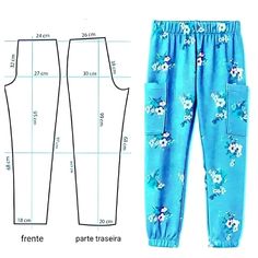 the pattern is shown with measurements and measurements for each item, including one side of the pants