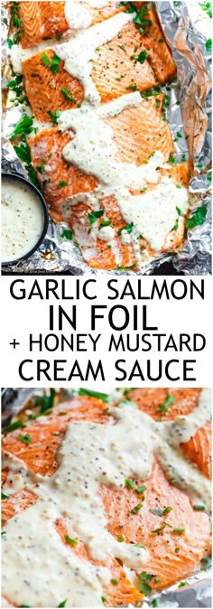 grilled salmon fillets with creamy ranch sauce on foil