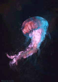 a jellyfish floating in the water with its head turned to look like it is covered in blue and pink paint