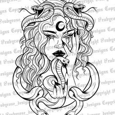 a black and white drawing of a woman's face with snakes around her head