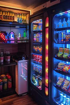 two refrigerators filled with food and drinks in a kitchen