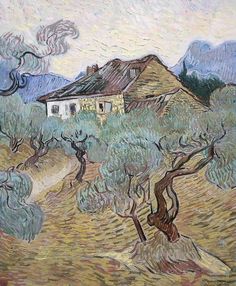 an image of a painting with trees in the foreground and a house in the background