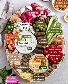 a platter filled with different types of vegetables and dips on top of each other