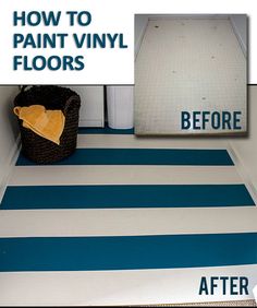 the before and after pictures show how to paint vinyl floors with blue stripes on them