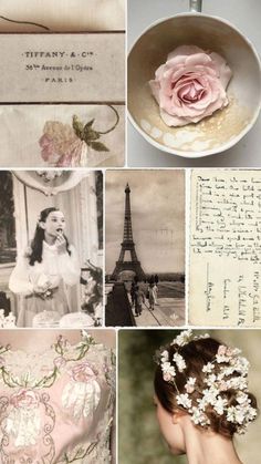 the collage shows many different pictures with flowers in their hair, and an old fashioned photo