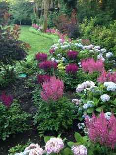 a garden filled with lots of purple and blue flowers next to a lush green field