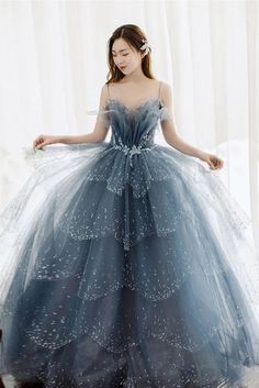 Layered Tulle Prom Dress, Prom Dress Blue, Tiered Prom Dress, Sparkly Prom Dresses, Blue Tulle, Beaded Prom Dress, Fairytale Dress, Dream Dresses