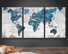 PRICES MAY VARY. DECORATIVE MAP - Professionally printed works of art on quality canvas. Each panel is 16" by 24", set of 3, the overall size is 48" x 24". EASY TO MATCH - Excellent decoration for the office, home office, living room, bedroom, apartment, kitchen or dining room. THE BEST GIFT - Looking for a holiday gift? Try gifting wall art for Christmas, Valentine's Day, Mother's Day etc. BLUE WALL ART - All ink is fade-resistant, ensuring artwork that lasts. NOTE - Due to monitor display issu Women’s Office Decor, Blue Office Design, Update Bedroom, Nursing Aesthetic, Pictures For Bedroom, Capstone Project, Office Artwork, Big Wall Art, Blue Wall Decor