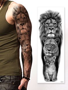 a man with tattoos on his arm next to an image of two lions and a lion cub