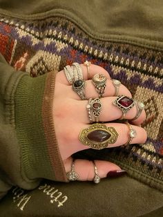 Witchy rings, aesthetic, crystal jewelry, silver, gold, bold, rhinestone ring, autumn aesthetic, winter, mystical, mysterious, mystique Antique Rings Aesthetic, Rings Aesthetic Crystal, Big Rings Aesthetic, Vintage Rings Aesthetic, Witchy Fits, Witchy Rings, Lots Of Rings, Thrifted Jewelry, Earthy Outfits Aesthetic