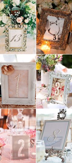 four different pictures of wedding decorations and table numbers with flowers on them, including an ornate frame