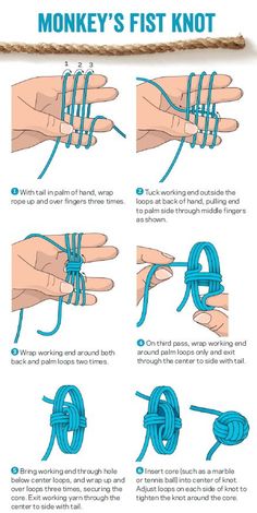 instructions for how to tie a monkey's fist knot on a rope with ropes