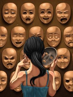 a woman holding a mirror to her face in front of many faces