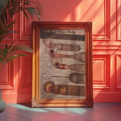 an old framed poster with wine glasses on it in front of a red wall