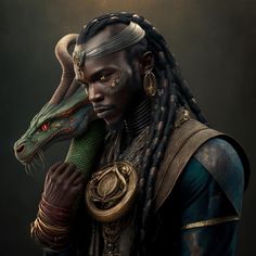 a man with dreadlocks and a snake on his head is holding a snake