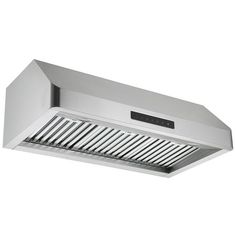 a stainless steel range hood with the light on and an exhaust fan in front of it