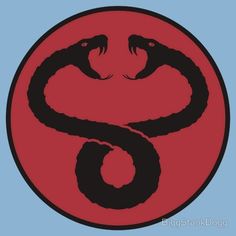 a red and black yin - yang symbol with two snakes on it's sides