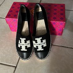 Worn Once Can Just Be Cleaned From The Bottom. They Are In Excellent Condition. No Smells. Pearl Logo, Tory Burch Shoes, Flat Espadrille, Espadrille Shoes, Black Color, Tory Burch, Espadrilles, Women Shoes, ? Logo