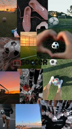 a collage of pictures with soccer shoes and balls