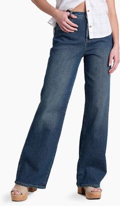 Combining the feel of classic jeans with modern performance and an ultra-comfortable fit  the women's KUHL Kontour Rigid Wide-Leg Denim pants offer a stylish yet durable option for everyday wear. Relax Pants, Spandex Pants, Denim Pants Women, Classic Jeans, Pants And Leggings, Women Pants Casual, Wide Leg Denim, Jeans Style, Denim Pants