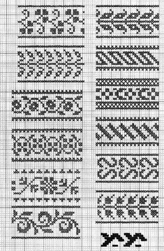 two rows of black and white knitted designs, each with different stitching patterns