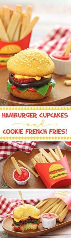 hamburger cupcakes and cookie french fries on a tray with red checkered tablecloth